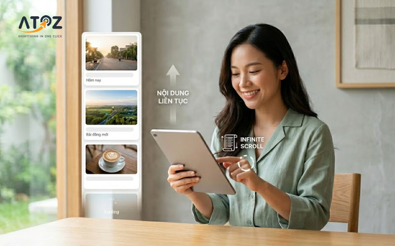 Infinite scroll giúp UX tốt hơn với nội dung liên tục, không cần nhấp trang tiếp theo